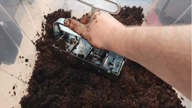 Showing motion on how to complete soil blocking.