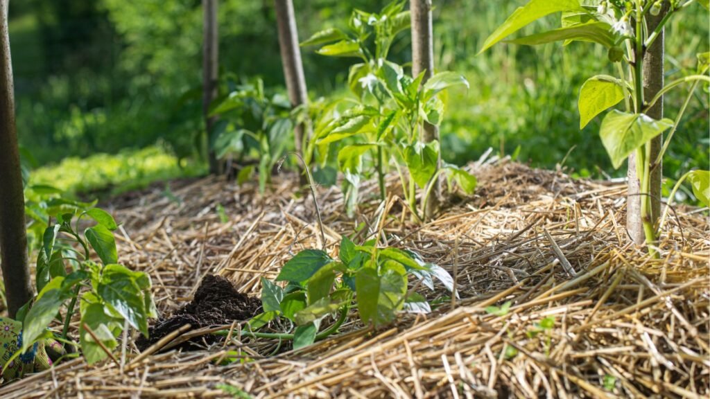 Mulching with Straw on Garden Bed