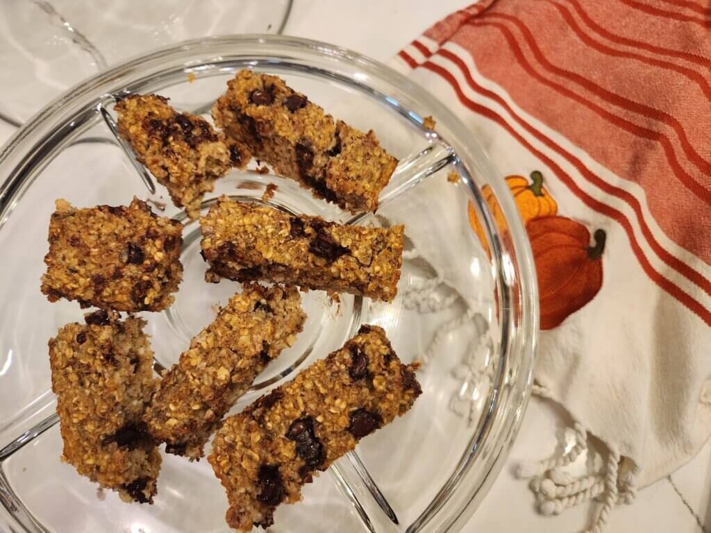 Pumpkin Oatmeal Bars on a Cake Tray For Display