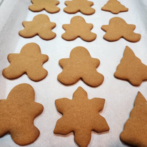 Soft and chewy gingerbread cookies fresh from the oven on a holiday baking tray