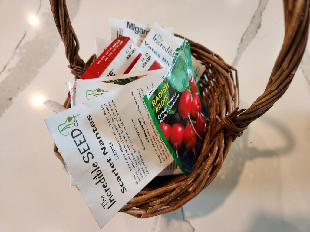 Spring planting seeds in a basket