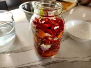 Filled mason jar with fermented pepper sauce ingredients.