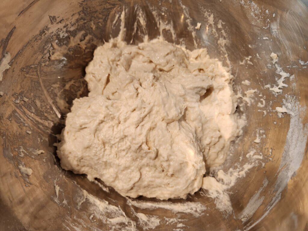 Focaccia bread dough after first mixing