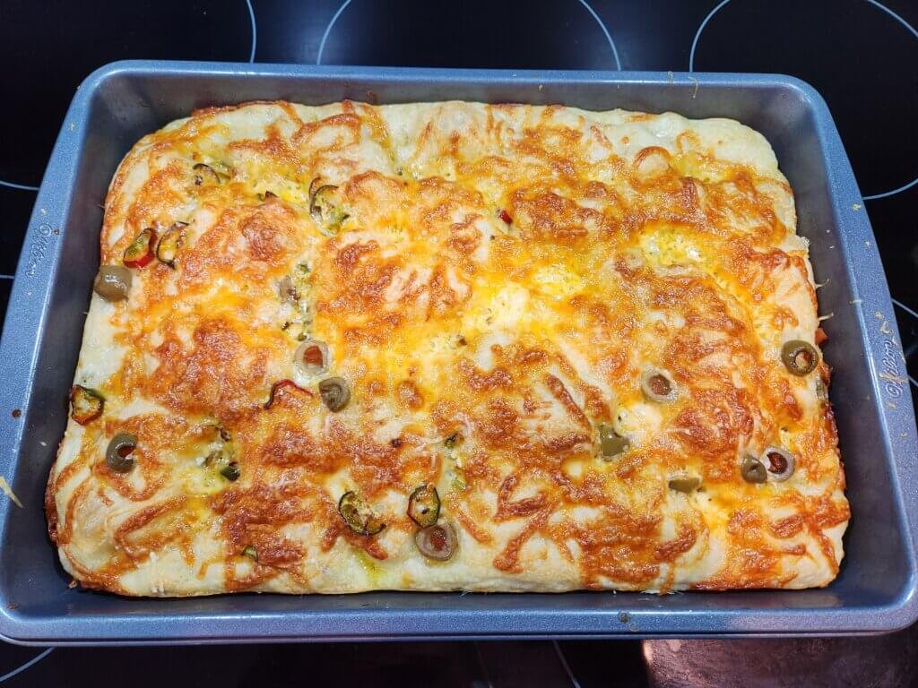 Focaccia bread freshly out of the oven