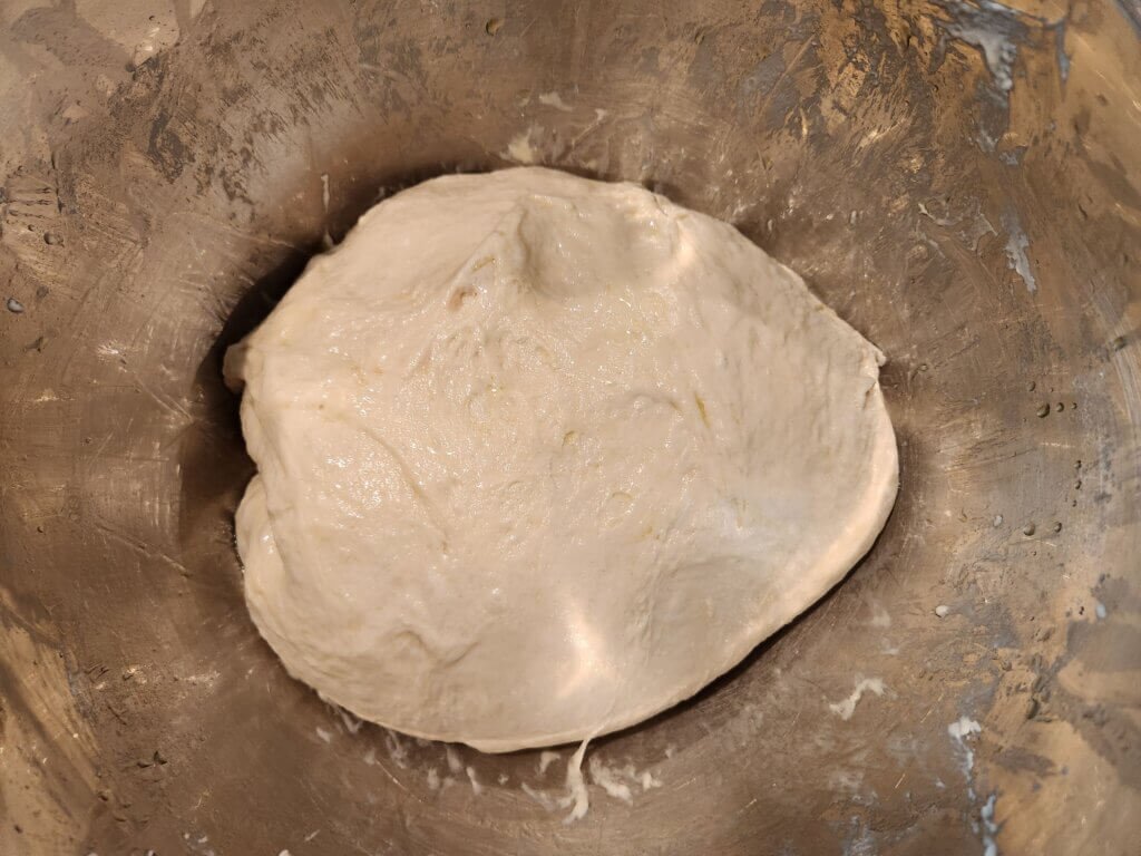 Focaccia dough after first stretch and fold