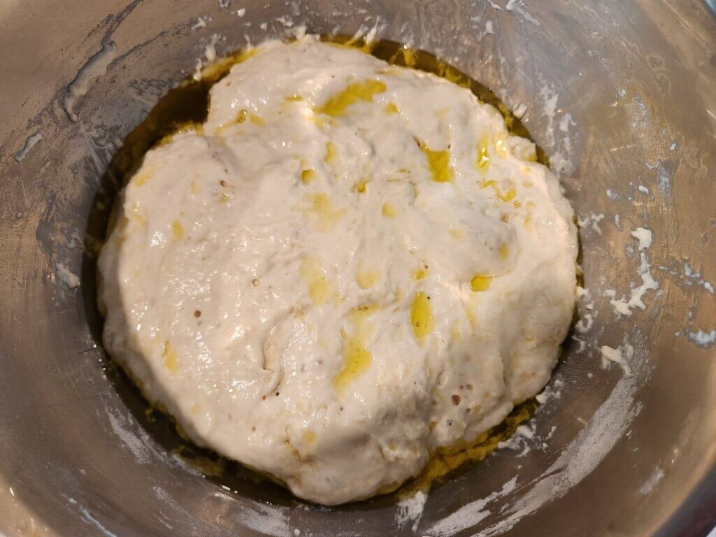 Focaccia dough after rising for 30 minutes