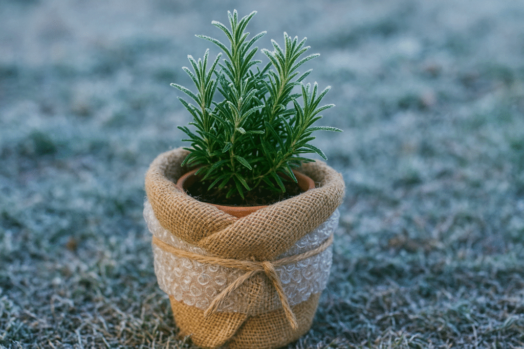 Rosemary in a Pot with Burlap to Protect from Frost