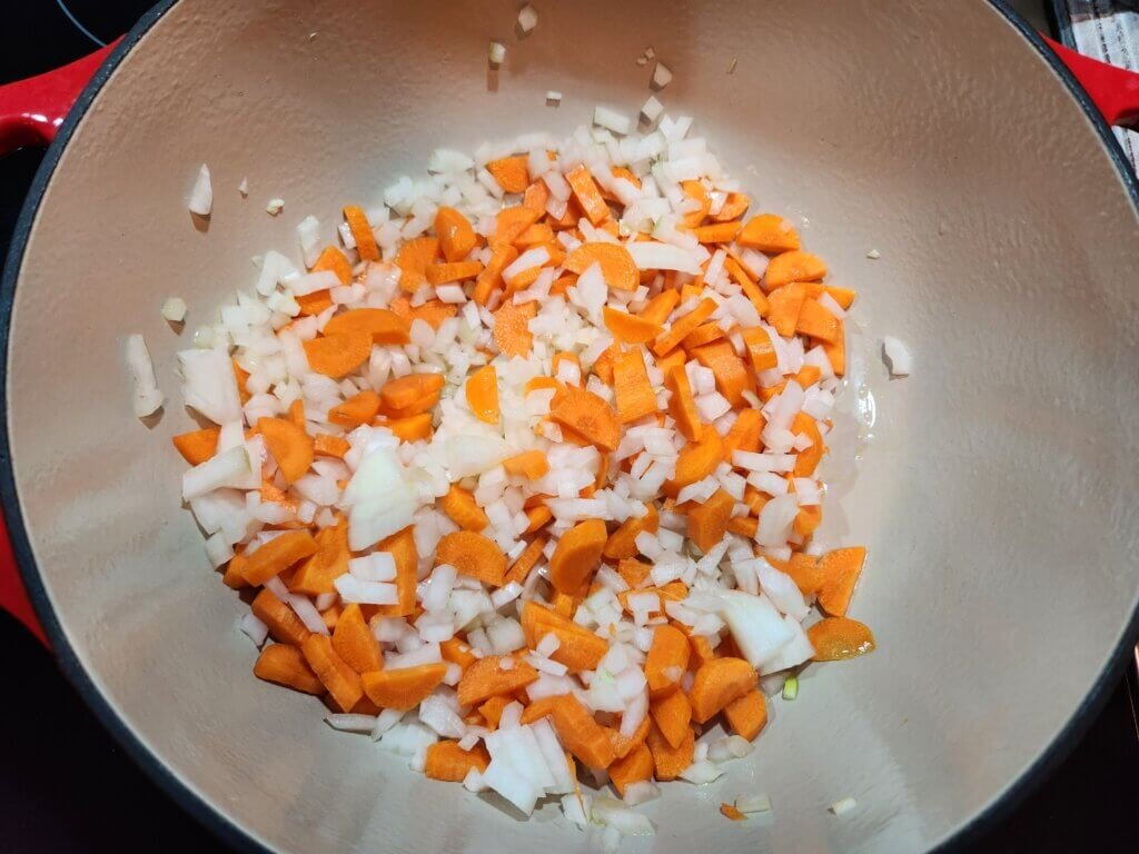 Onions, Celery, and Carrots in a dutch oven