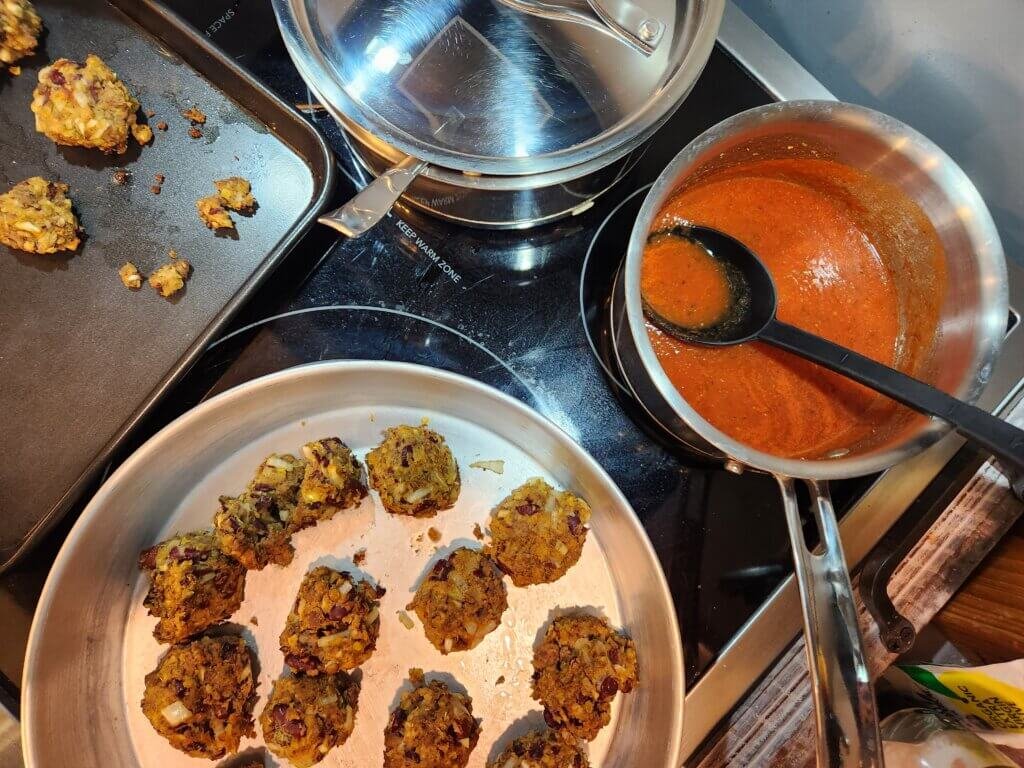 Cooked Meatballs and Homemade Tomato Sauce Ready To Assemble