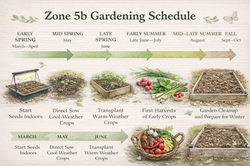 zone 5b planting calendar timeline showing what to plant from spring to fall