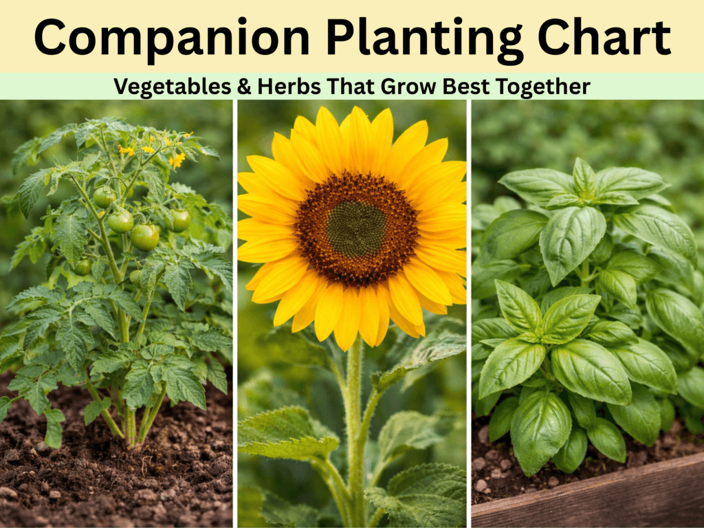 Companion planting chart for vegetables and herbs that grow well together. Picture of tomatoes, sunflower, and basil.