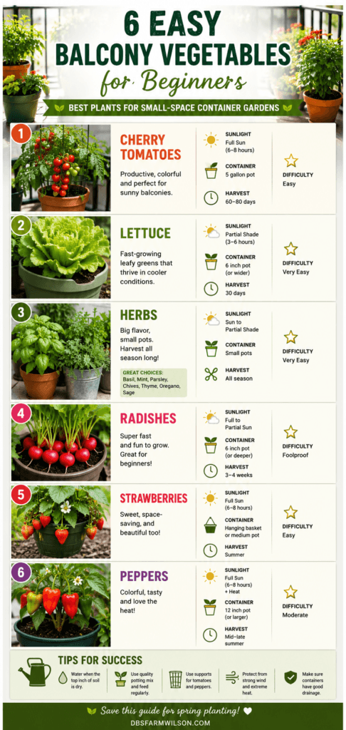 Vertical infographic showing six easy balcony vegetables for beginners including cherry tomatoes, lettuce, herbs, radishes, strawberries, and peppers with sunlight, container size, and harvest information.