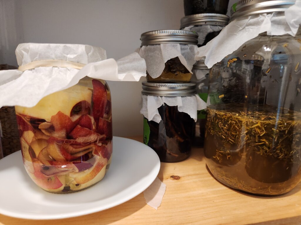 ACV fermenting in cool, dark pantry with other herbal remedies