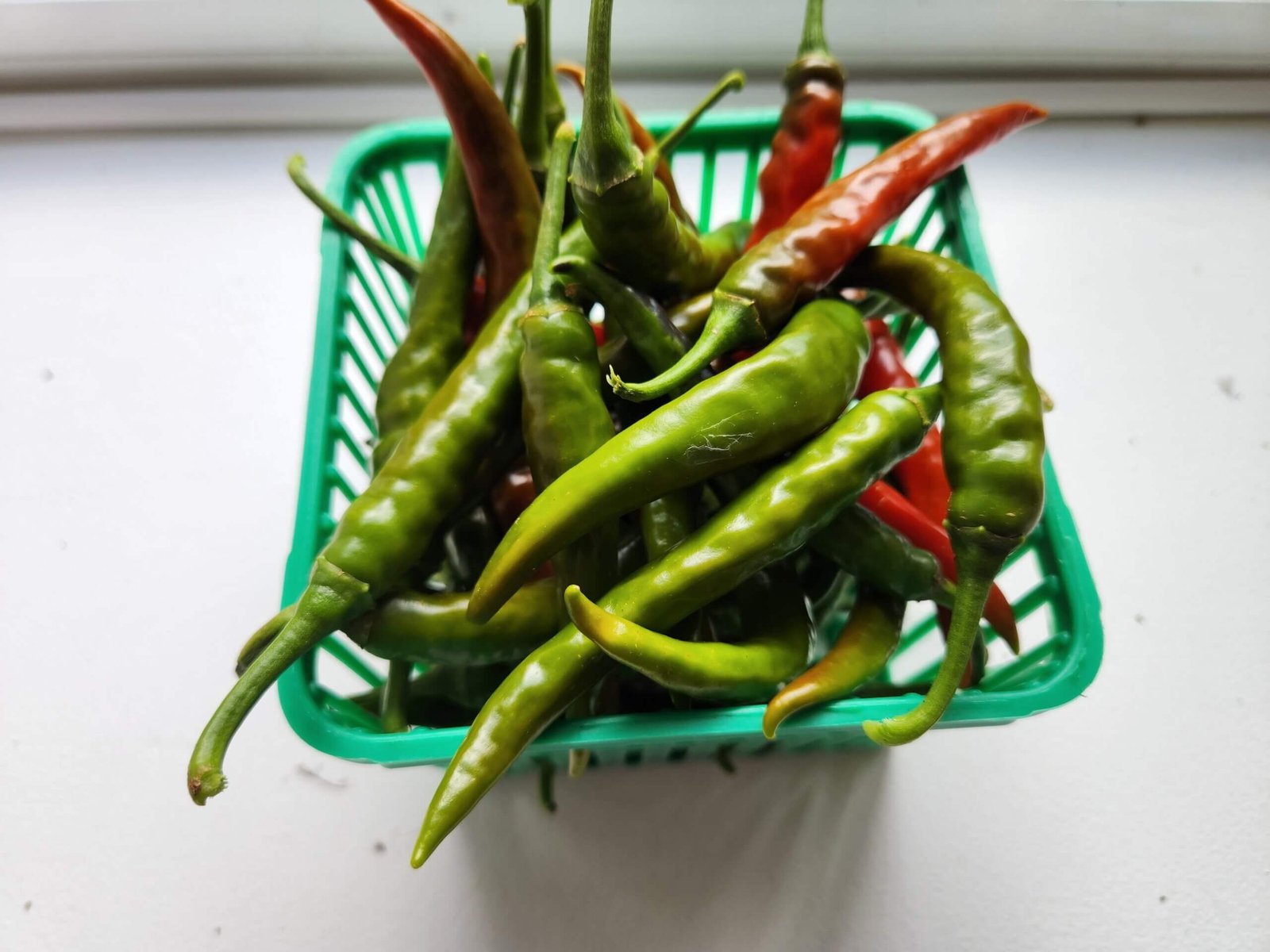 Basket of mostly green cayenne peppers with some orange and red colouring, placed on a windowsill to finish ripening indoors.